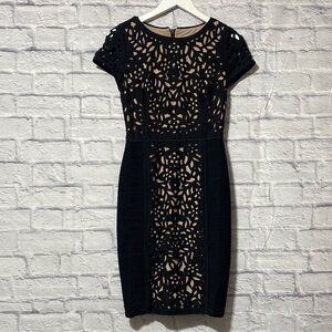 Maeve Black Laser-Cut Midi Dress with Nude Underlay